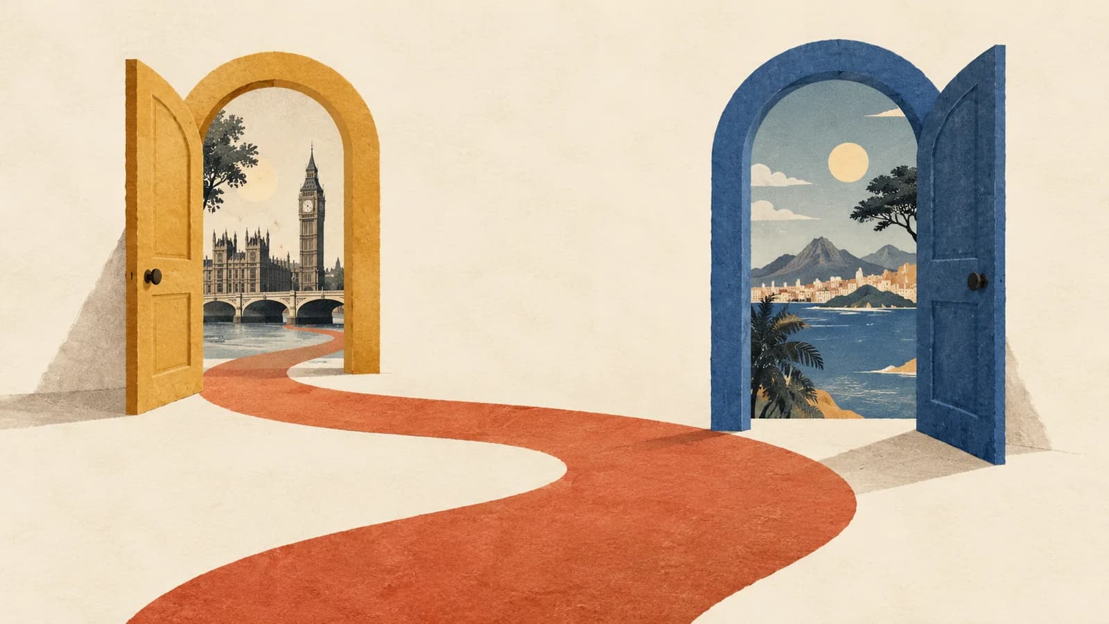 Two open doorways connected by a terracotta path, an illustration of wider career opportunities.